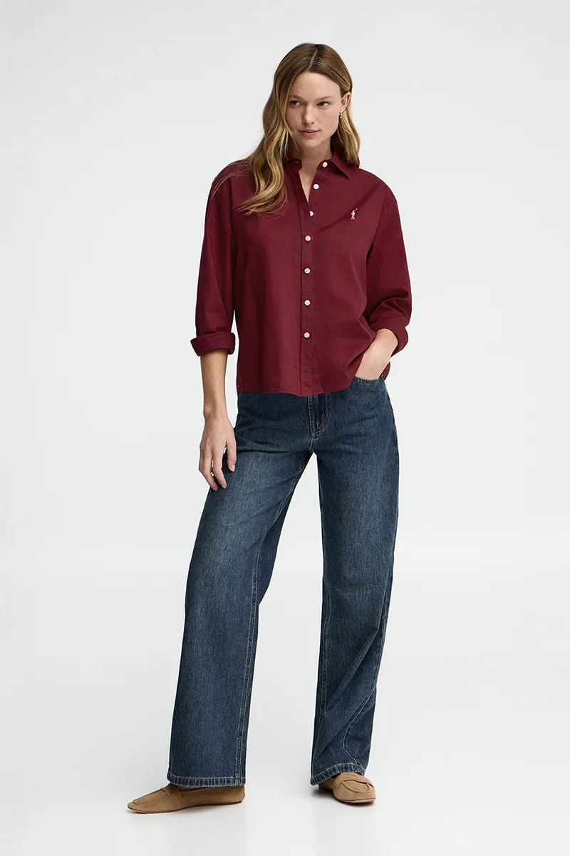 Burgundy cotton-linen shirt with loose fit and Rigby Go embroidery - Image 3