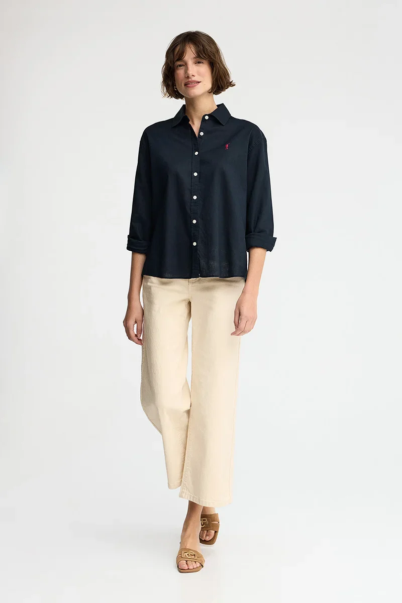 Navy-blue cotton-linen shirt with loose fit and Rigby Go embroidery - Image 4