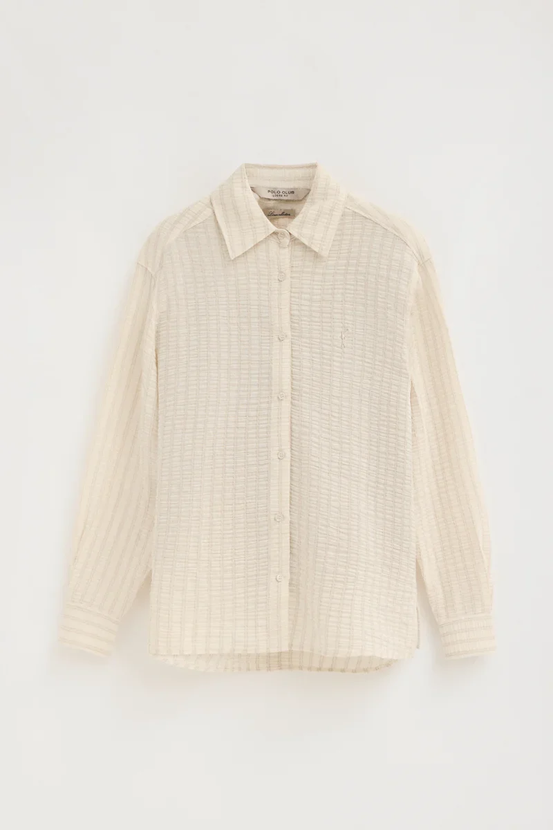 Beige loose-fit striped shirt with crinkled effect and Rigby Go embroidery - Image 9