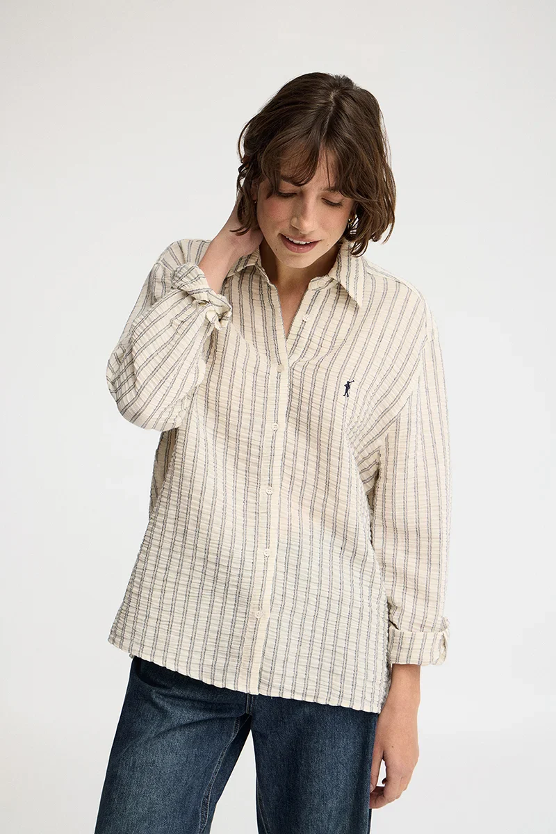 Navy-blue loose-fit striped shirt with crinkled effect and Rigby Go embroidery