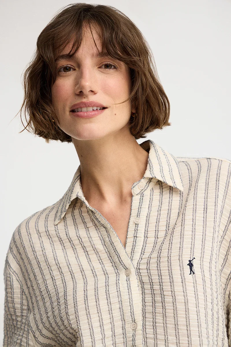Navy-blue loose-fit striped shirt with crinkled effect and Rigby Go embroidery - Image 2