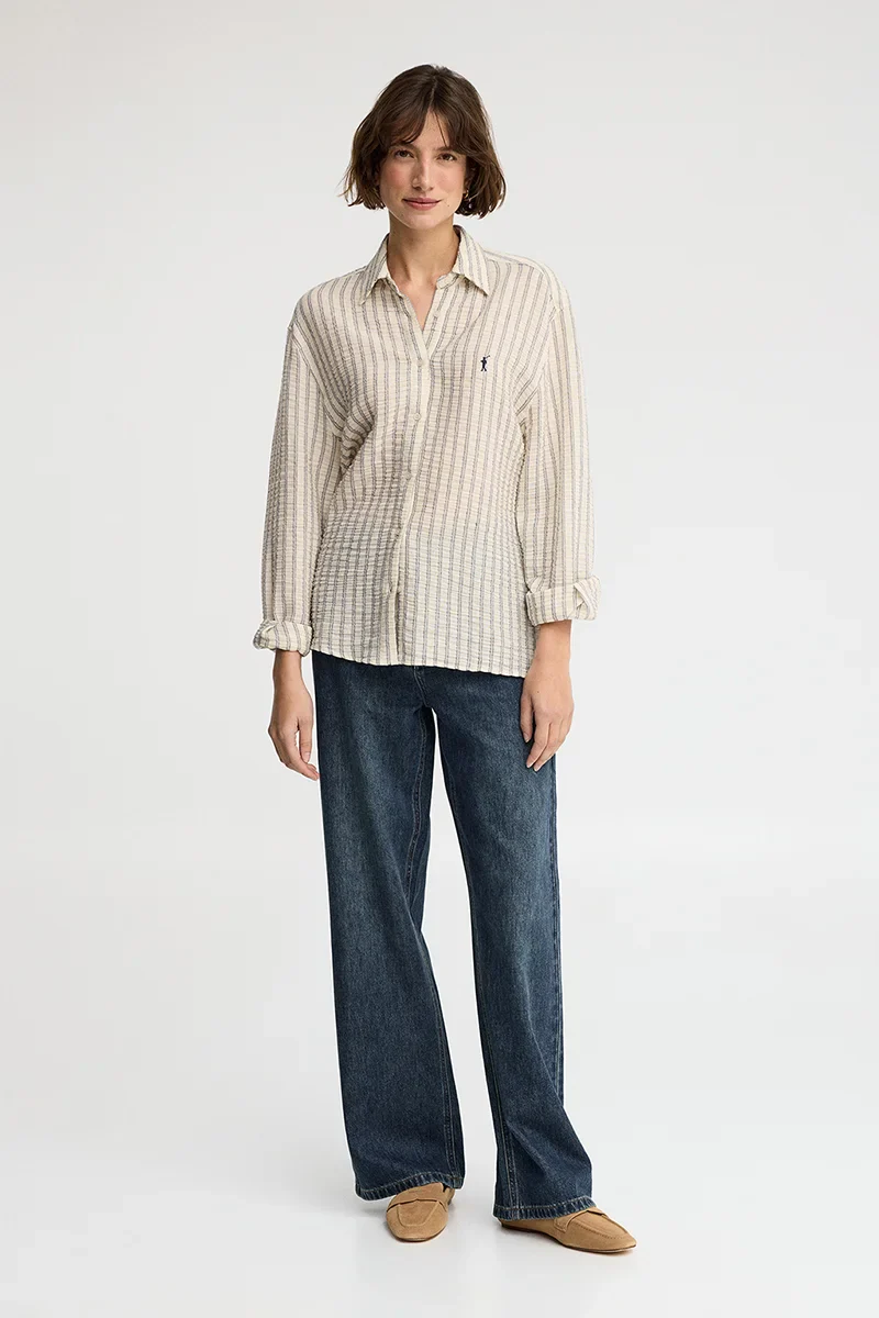 Navy-blue loose-fit striped shirt with crinkled effect and Rigby Go embroidery - Image 3