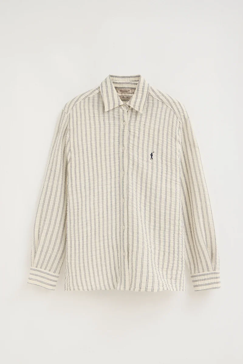 Navy-blue loose-fit striped shirt with crinkled effect and Rigby Go embroidery - Image 5