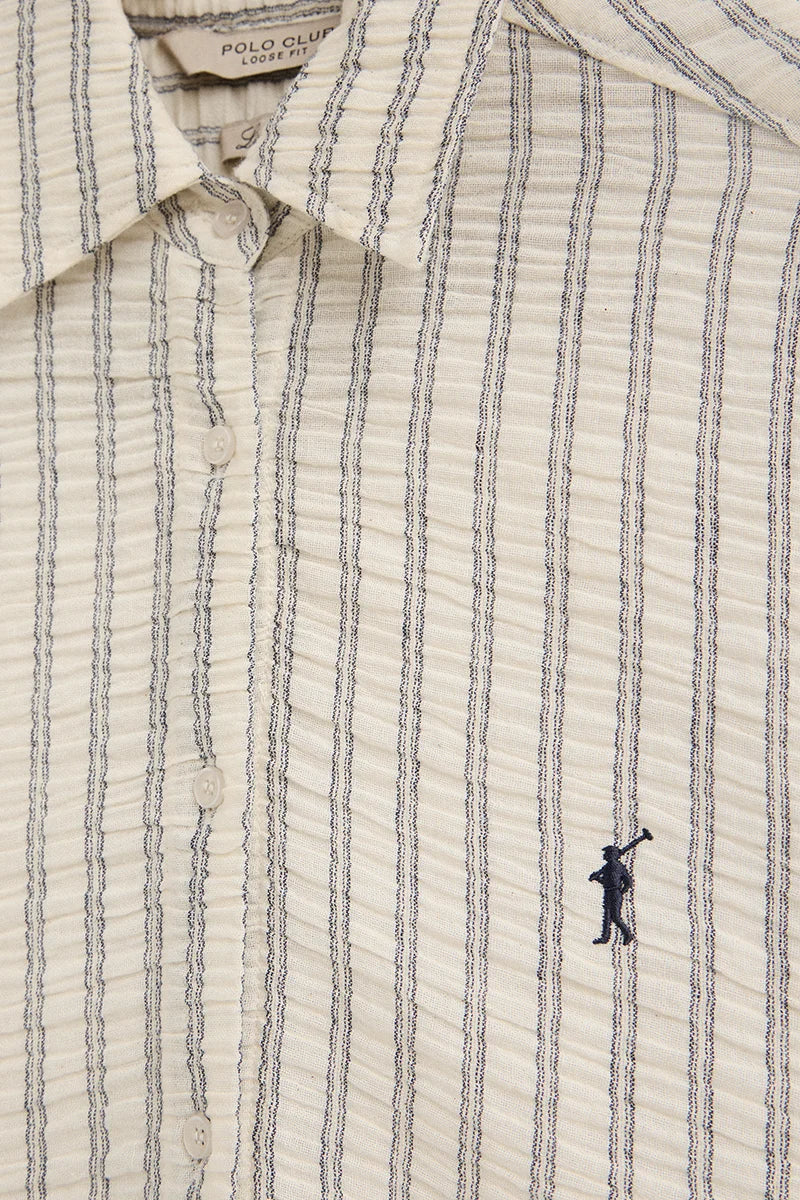 Navy-blue loose-fit striped shirt with crinkled effect and Rigby Go embroidery - Image 6