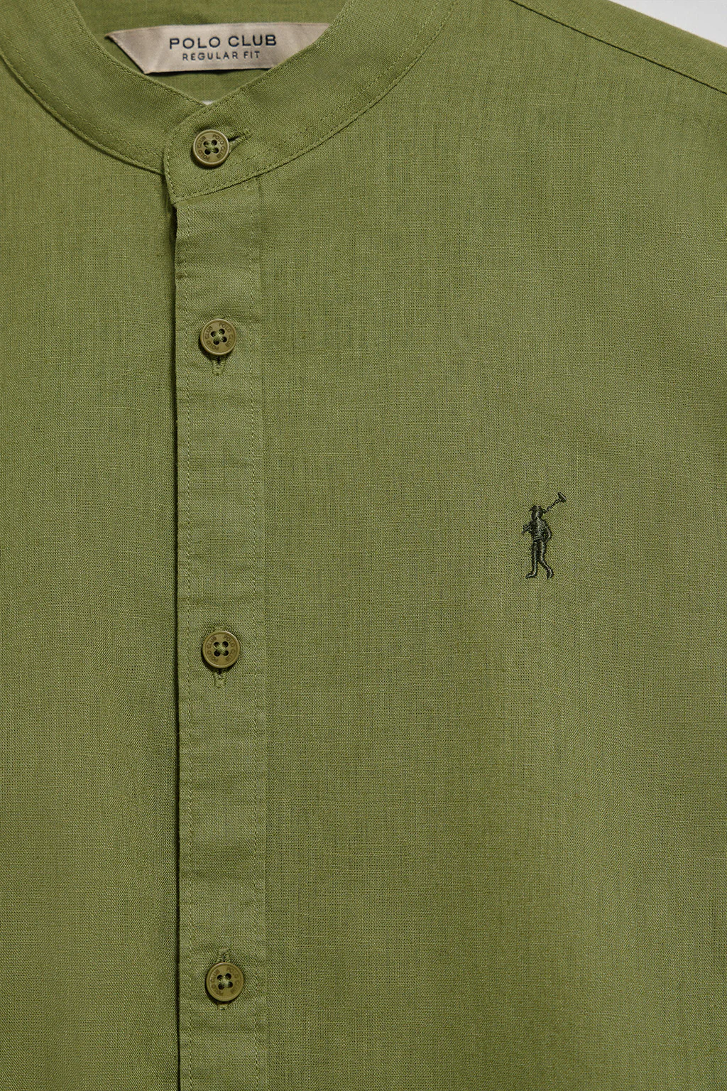 Khaki Mandarin-collar shirt in linen and cotton with Rigby Go embroidery - Image 6