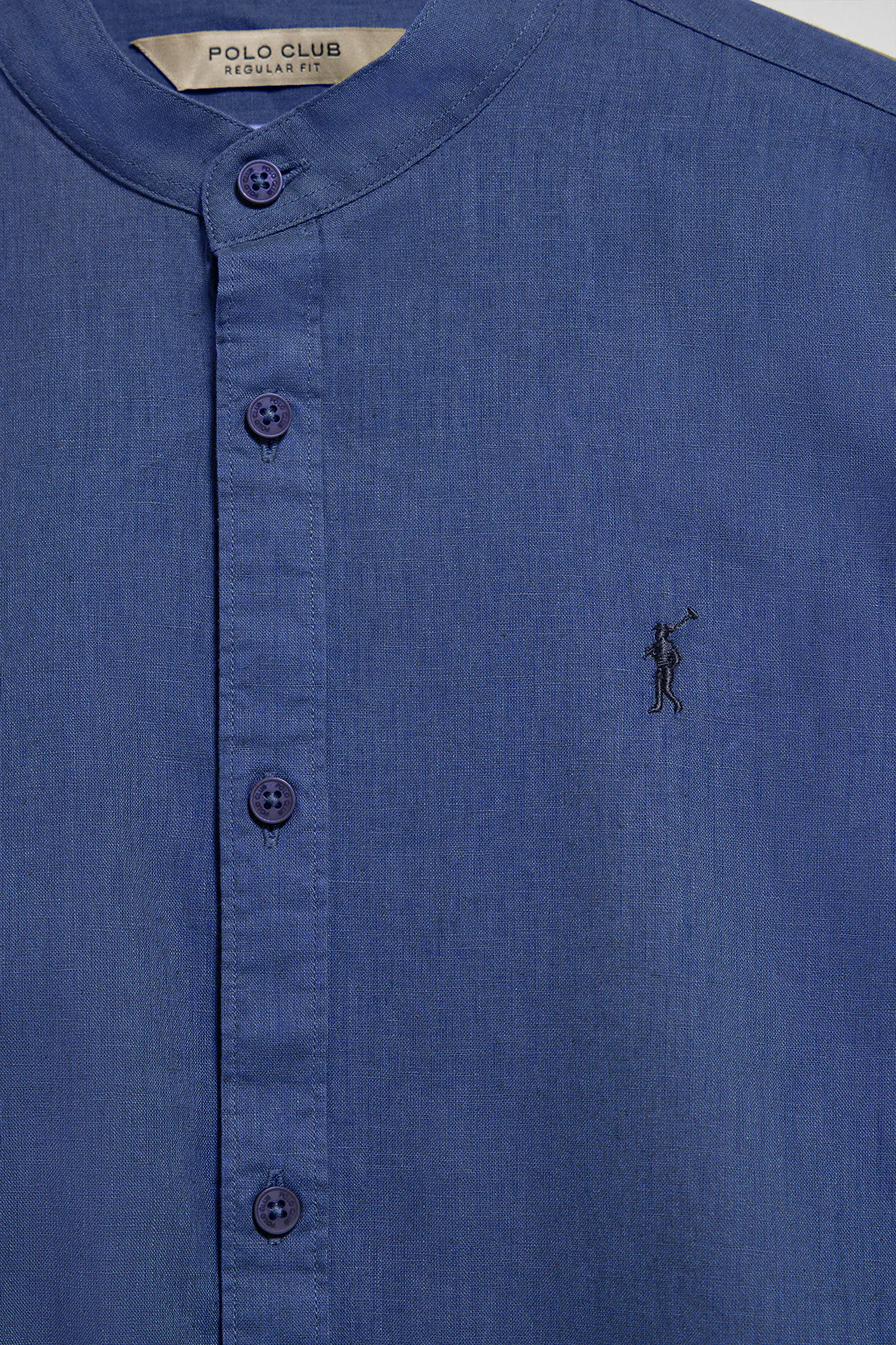 Royal-blue Mandarin-collar shirt in linen and cotton with Rigby Go embroidery - Image 6
