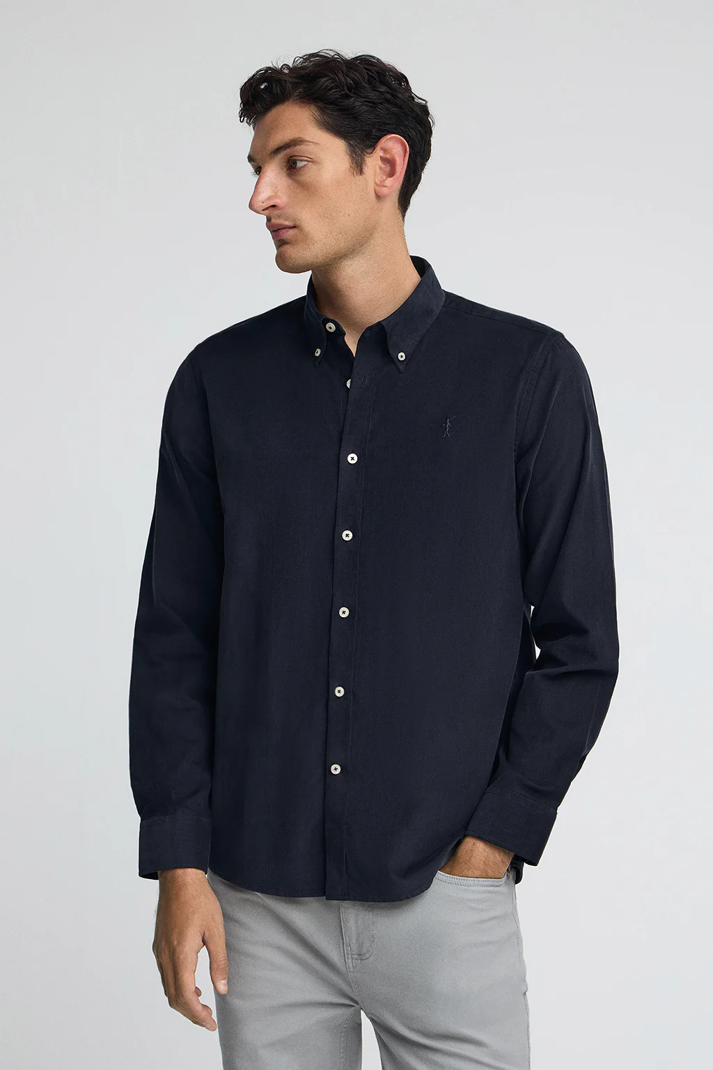 Navy-blue corduroy shirt with Rigby Go logo