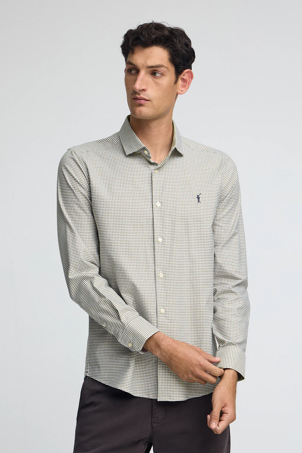 Army-green slim-fit shirt with Vichy checks and Rigby Go logo