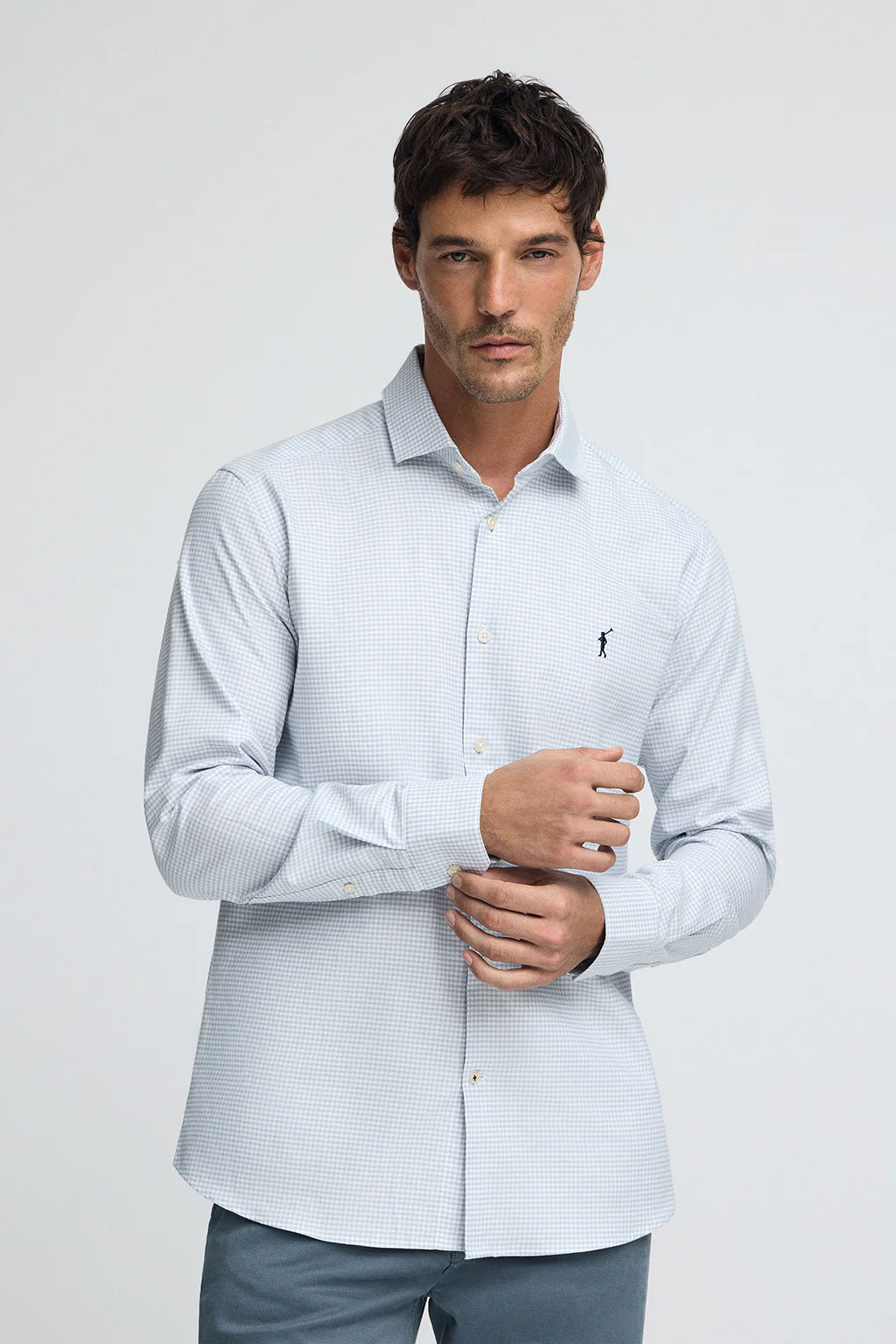 Light-blue slim-fit shirt with Vichy checks and Rigby Go logo