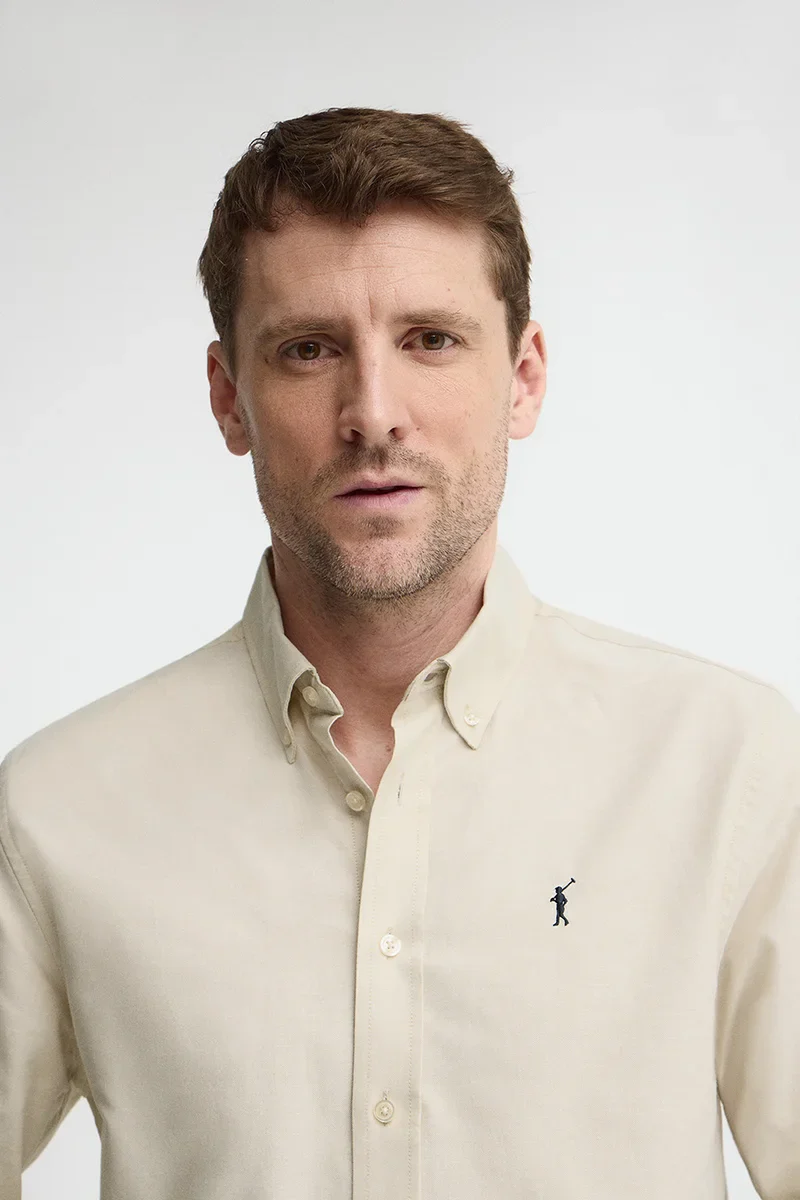 Beige regular-fit Oxford shirt with Rigby Go logo - Image 3