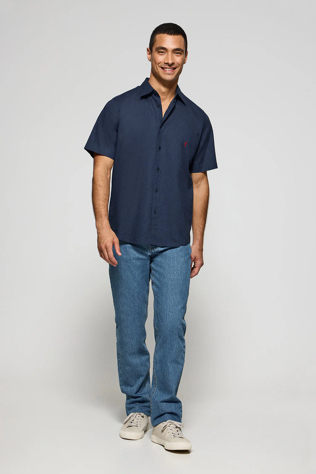 Navy-blue short-sleeve shirt in linen and cotton with Rigby Go embroidery - Image 4