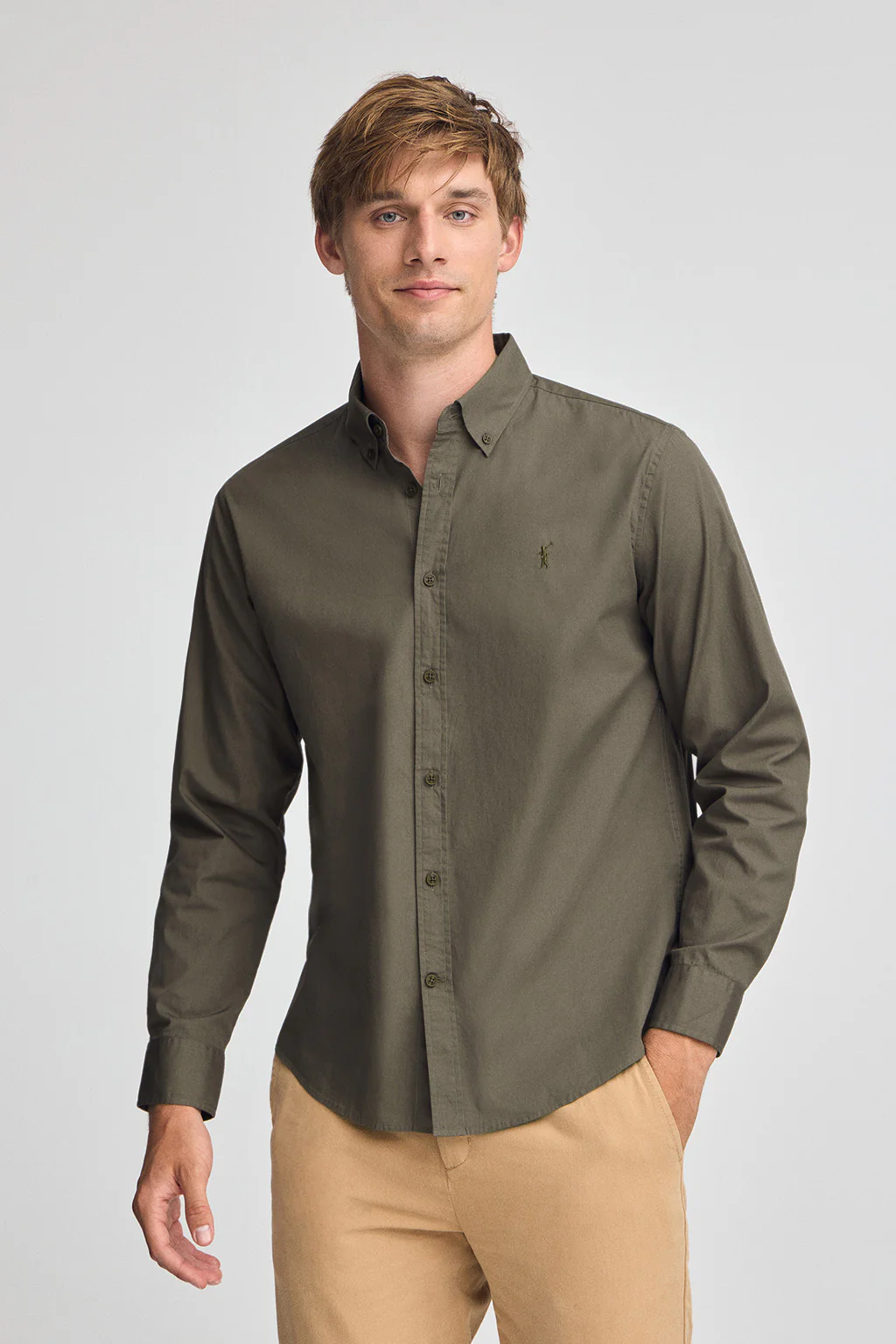 Army-green poplin shirt with regular fit and Rigby Go logo
