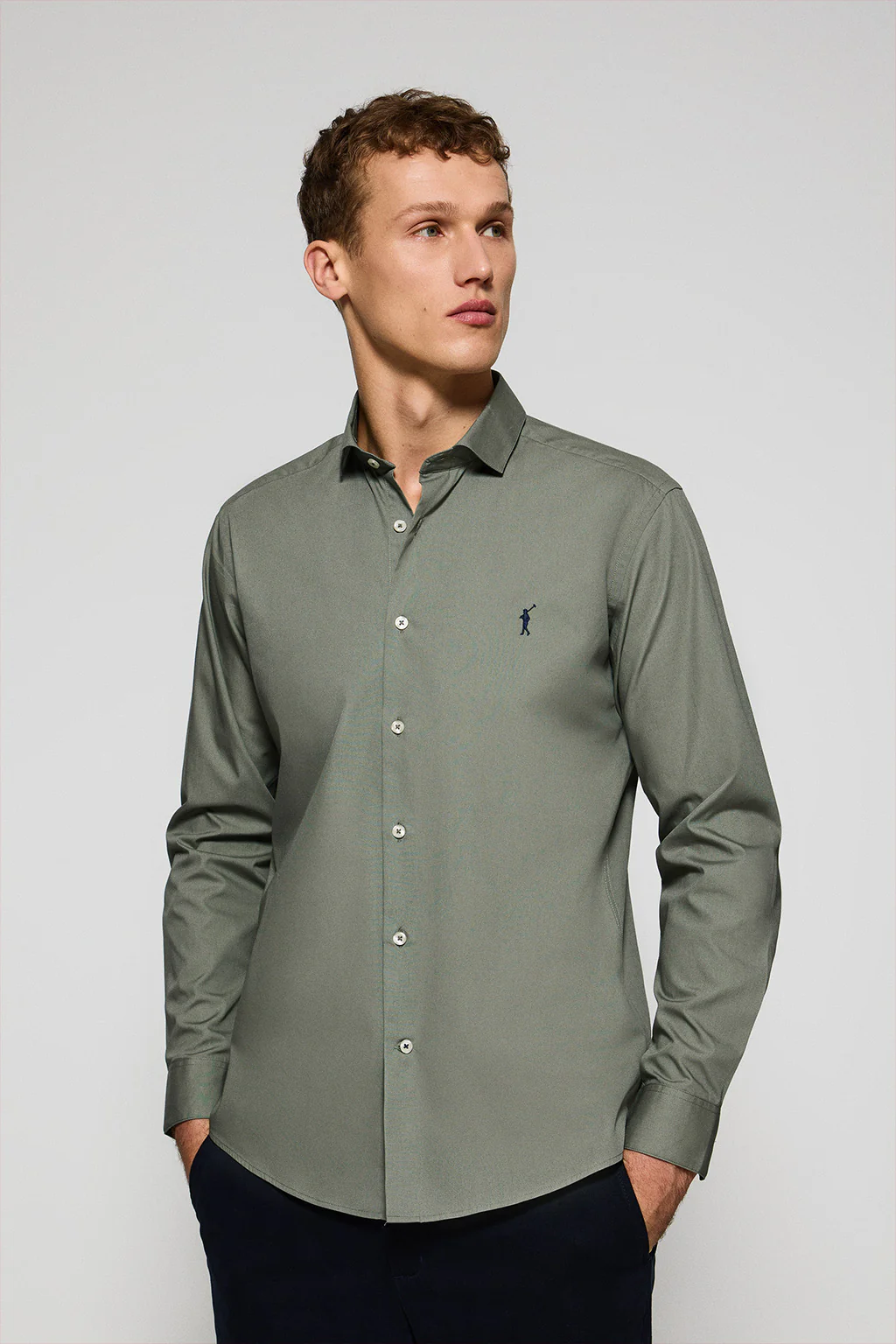 Khaki slim-fit poplin shirt with Rigby Go embroidered logo
