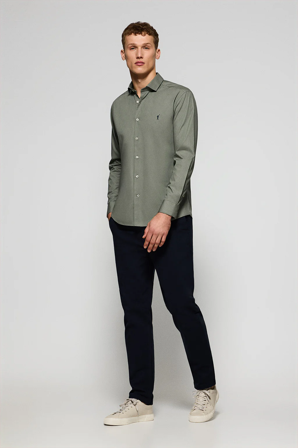 Khaki slim-fit poplin shirt with Rigby Go embroidered logo - Image 4