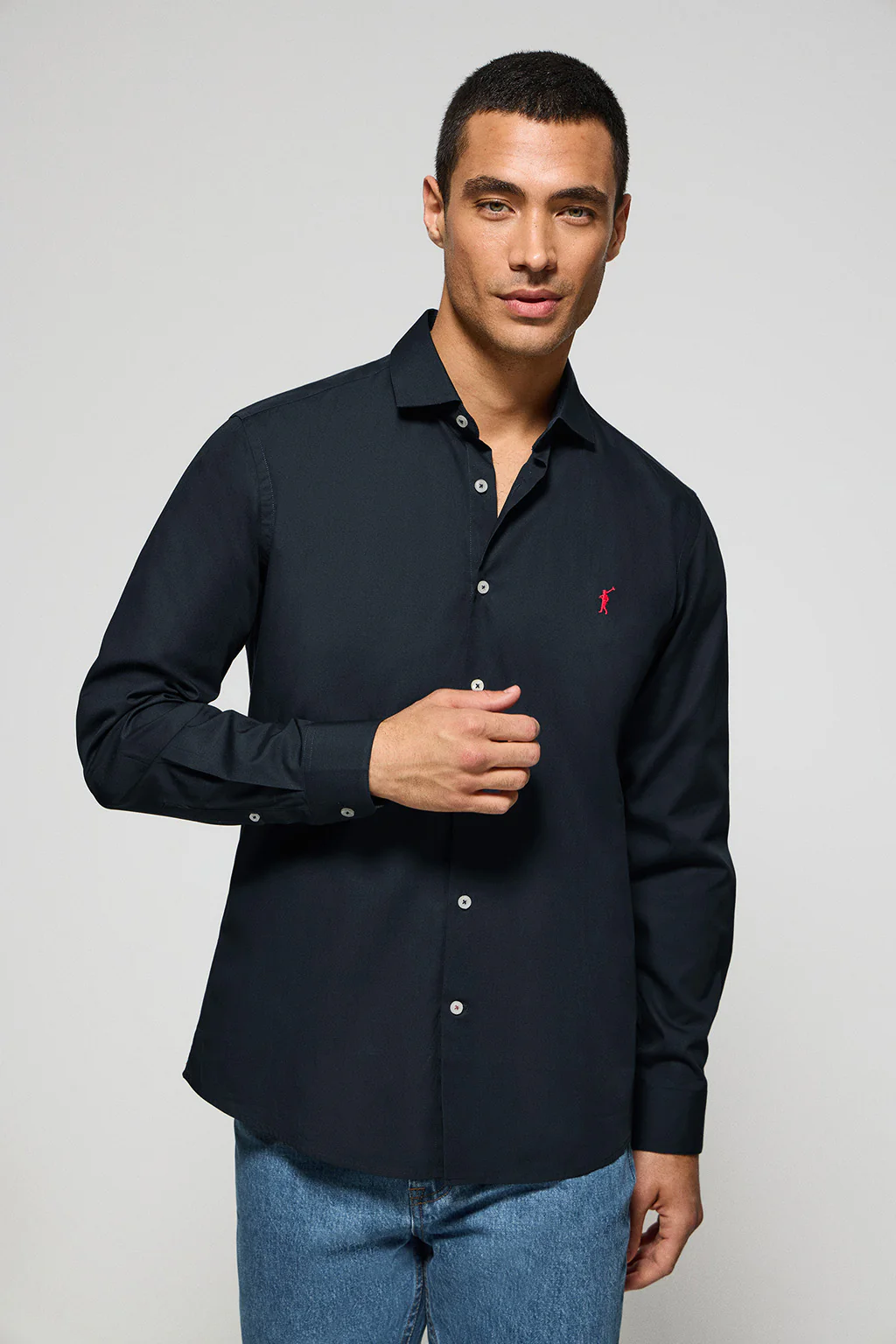 Navy-blue slim-fit poplin shirt with Rigby Go embroidered logo
