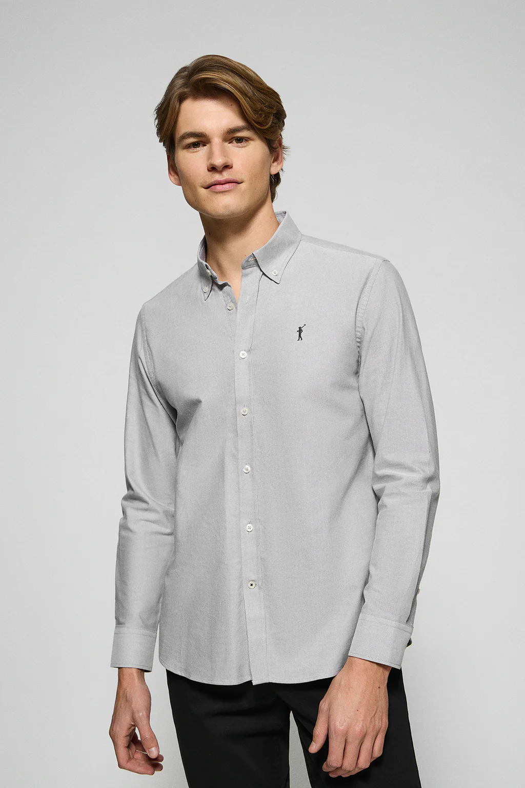 Greyish-green Oxford shirt with Rigby Go embroidered logo