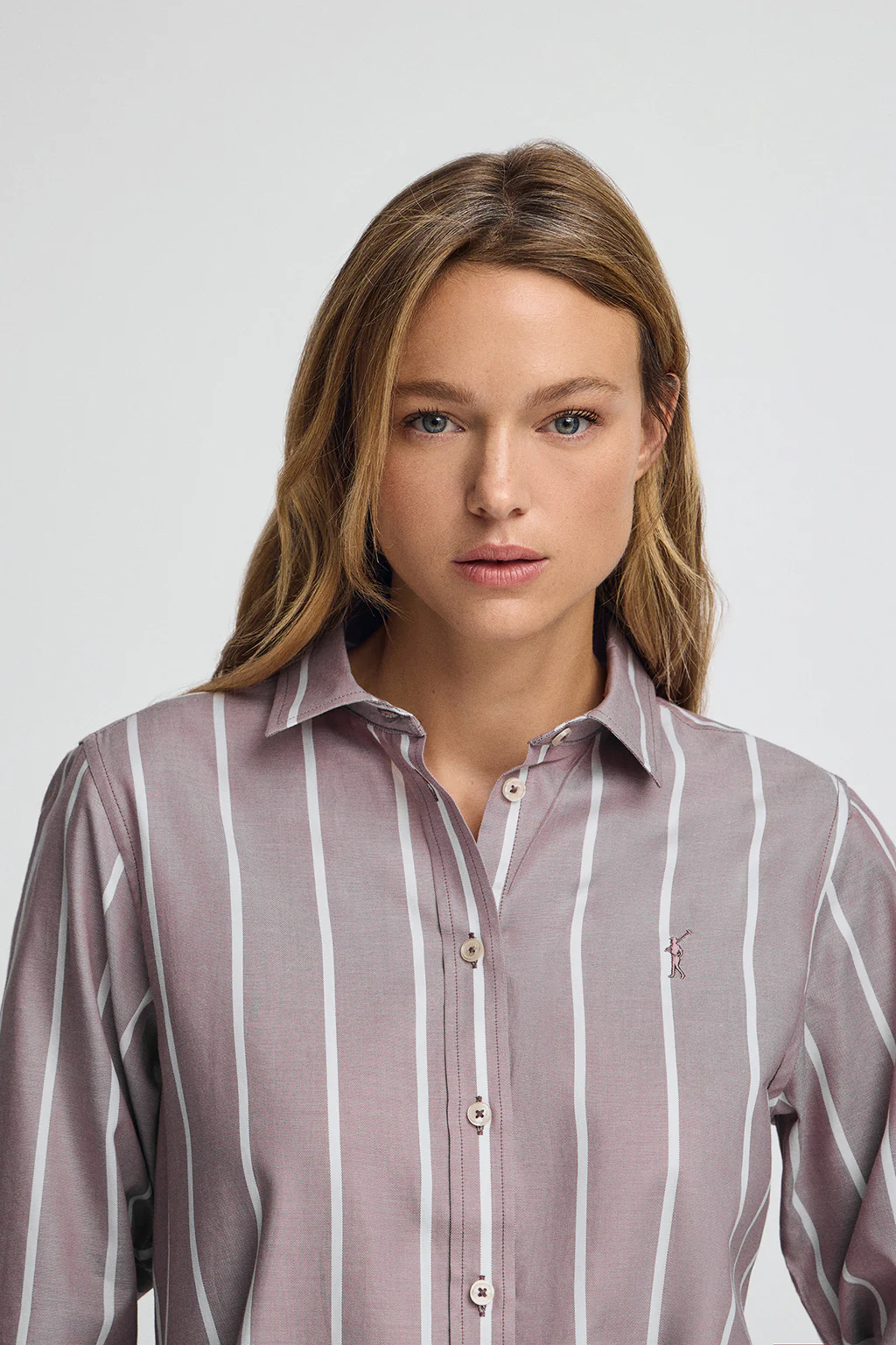 Taupe-pink striped shirt with relaxed fit and Rigby Go logo - Image 2