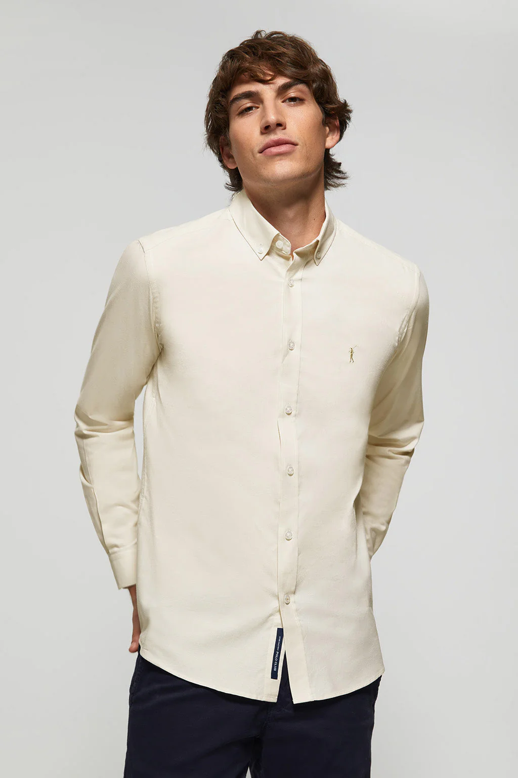 Beige Oxford shirt with Rigby Go logo