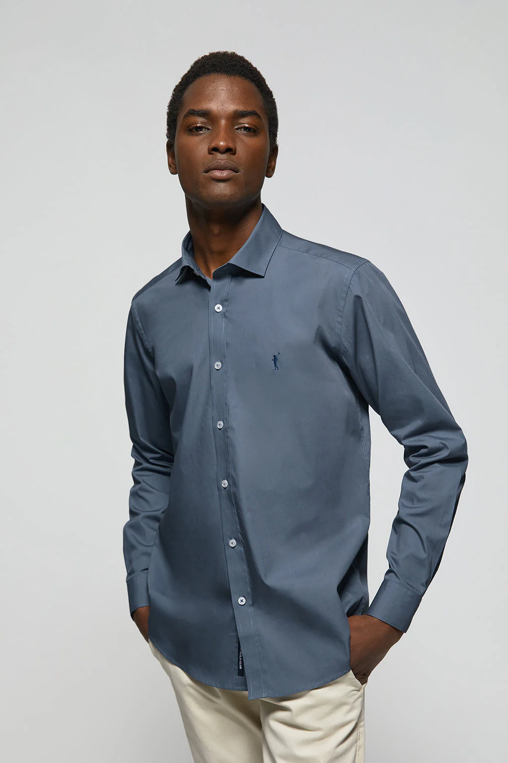 Denim-blue slim-fit poplin shirt with Rigby Go logo