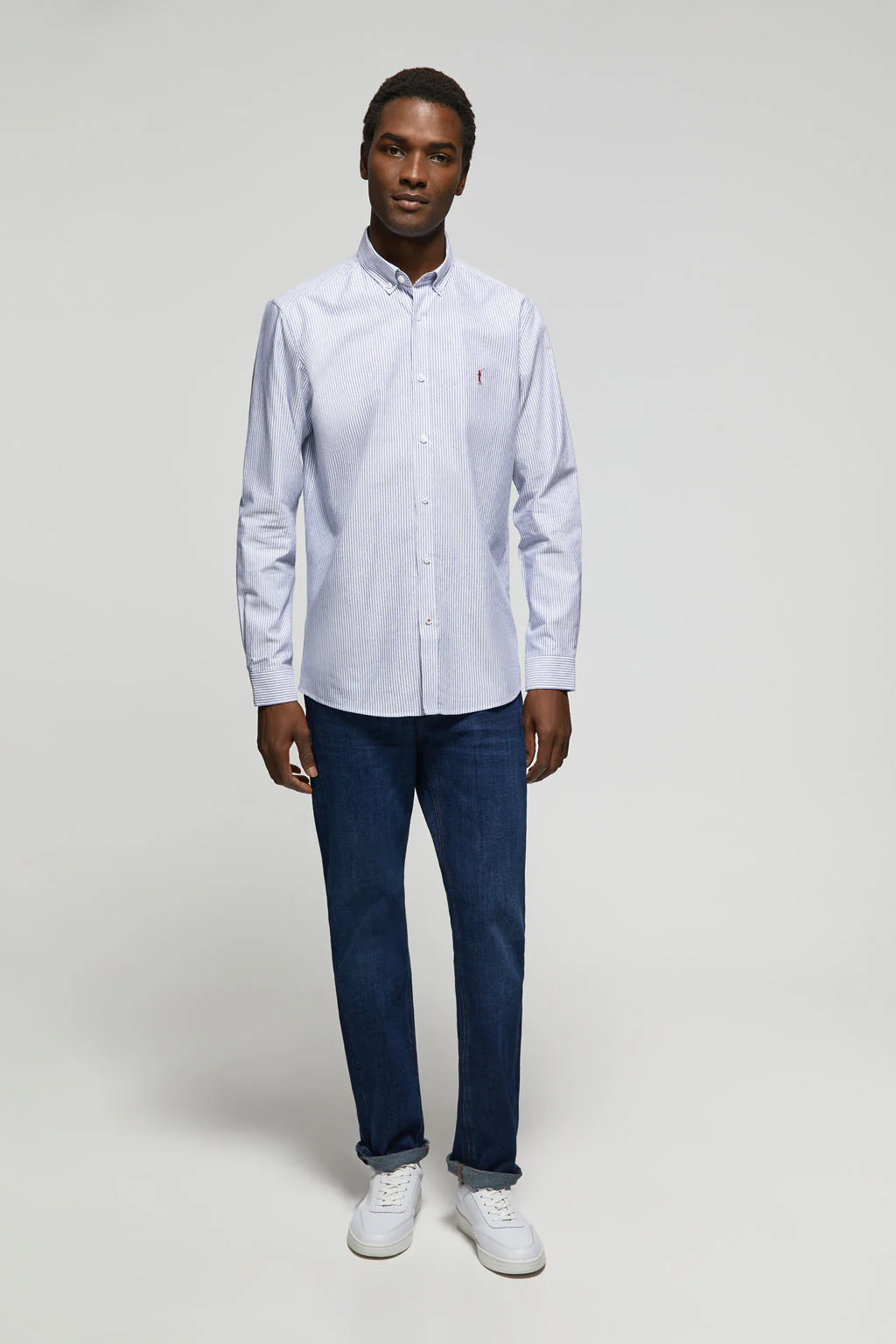 Navy-blue striped Oxford shirt with Rigby Go logo