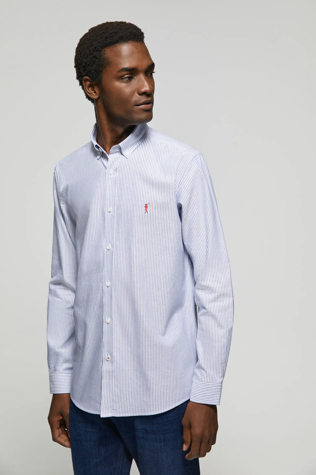 Navy-blue striped Oxford shirt with Rigby Go logo - Image 3