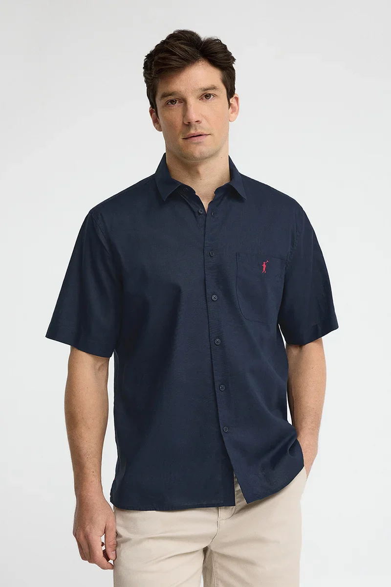 Navy-blue cotton-linen short-sleeve shirt with regular fit and Rigby Go logo