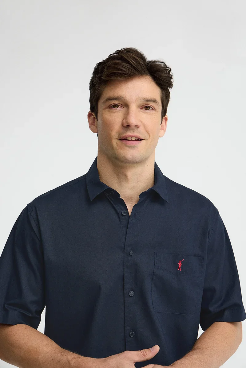 Navy-blue cotton-linen short-sleeve shirt with regular fit and Rigby Go logo - Image 3