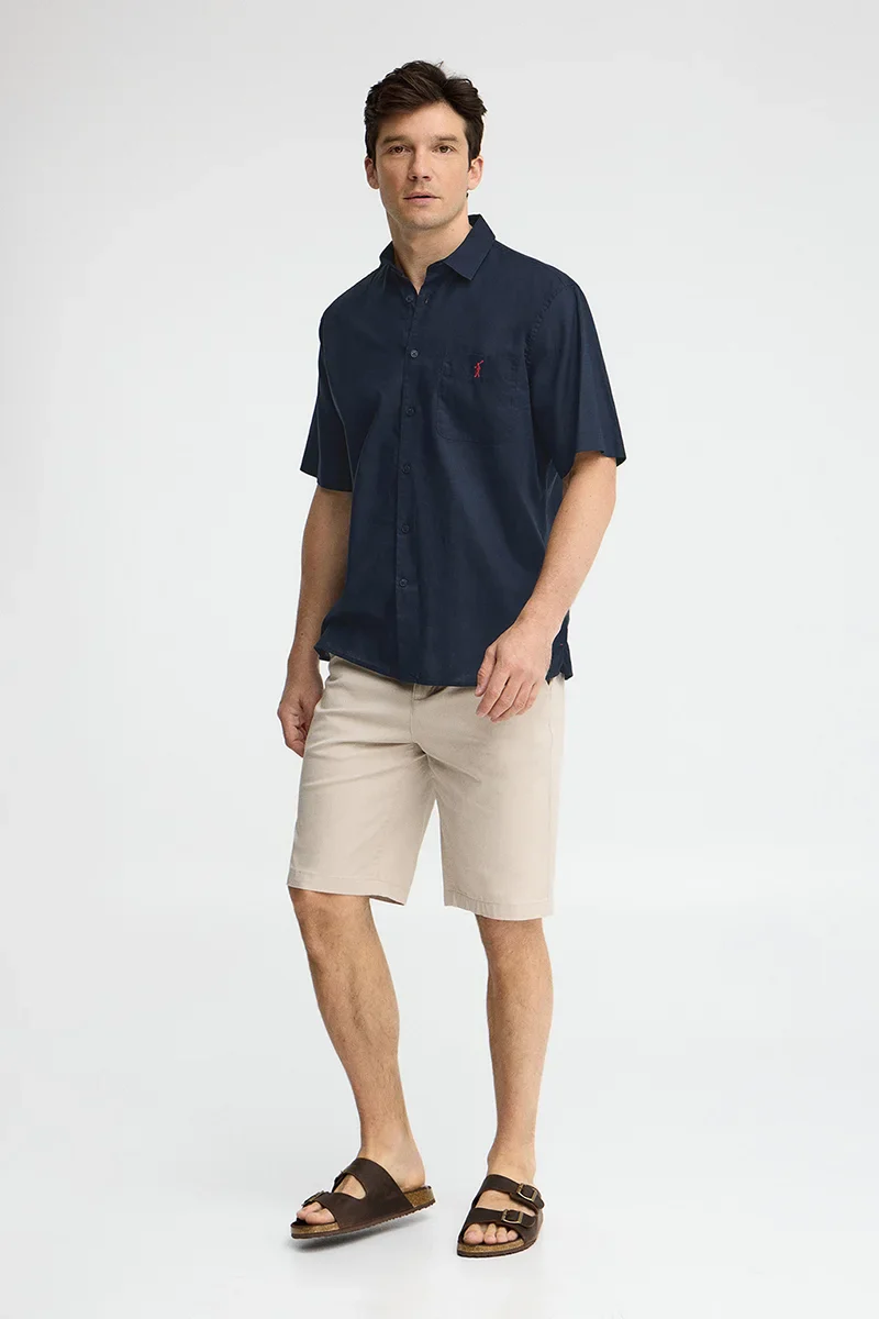 Navy-blue cotton-linen short-sleeve shirt with regular fit and Rigby Go logo - Image 4