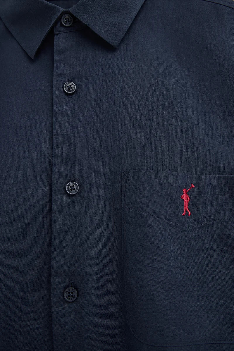 Navy-blue cotton-linen short-sleeve shirt with regular fit and Rigby Go logo - Image 7