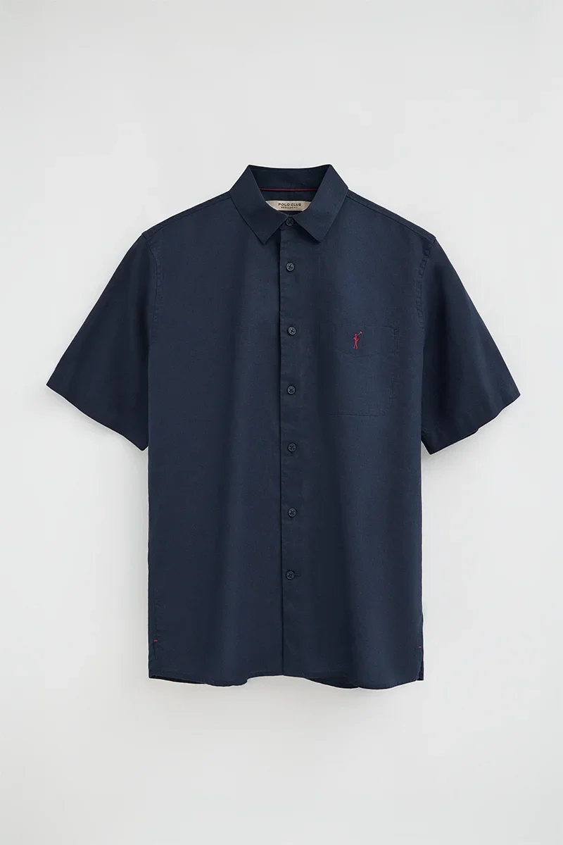 Navy-blue cotton-linen short-sleeve shirt with regular fit and Rigby Go logo - Image 9