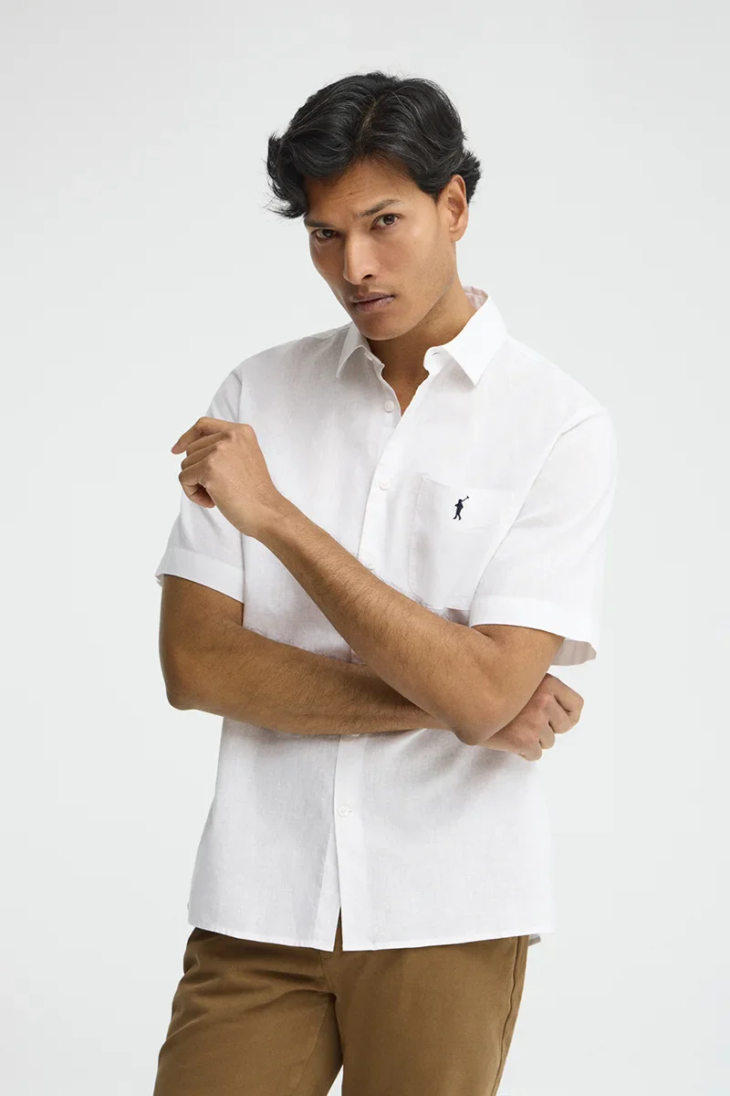 White cotton-linen short-sleeve shirt with regular fit and Rigby Go logo