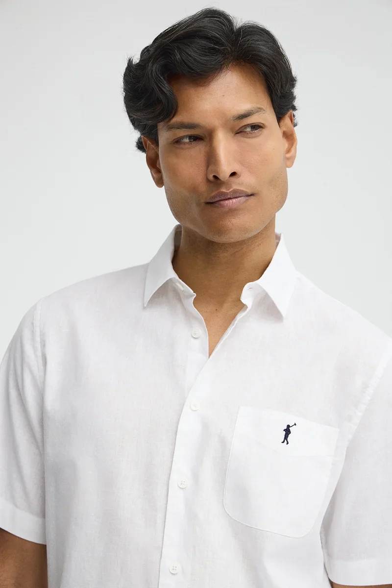 White cotton-linen short-sleeve shirt with regular fit and Rigby Go logo - Image 3