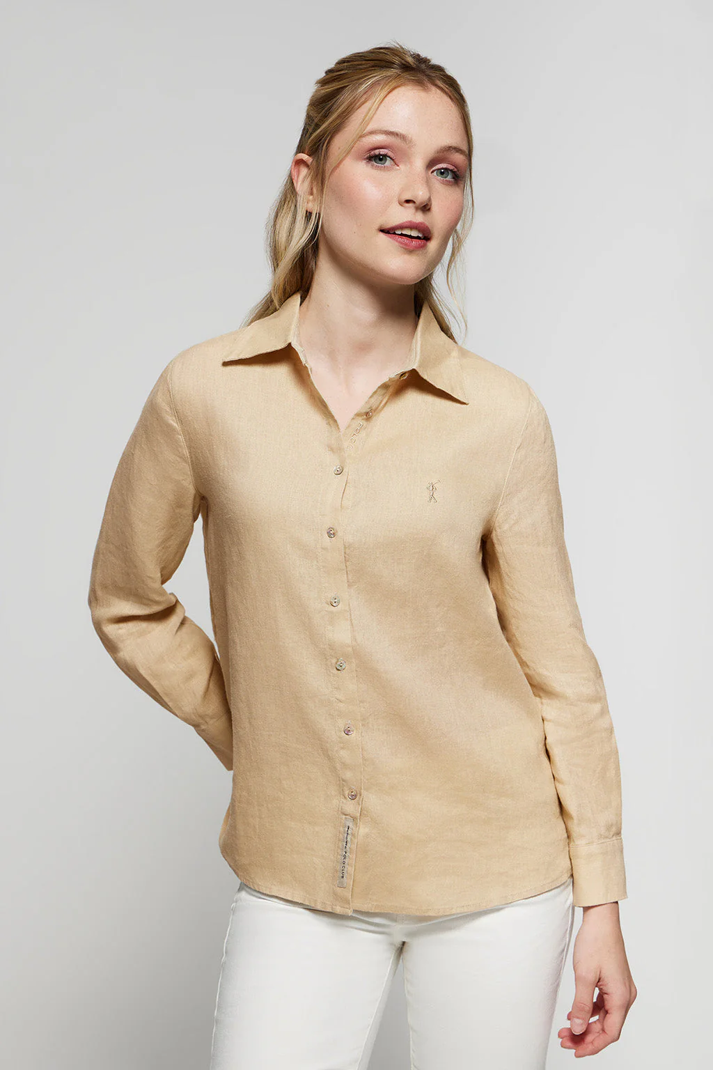 Beige linen shirt with Rigby Go embroidered detail - Image 4