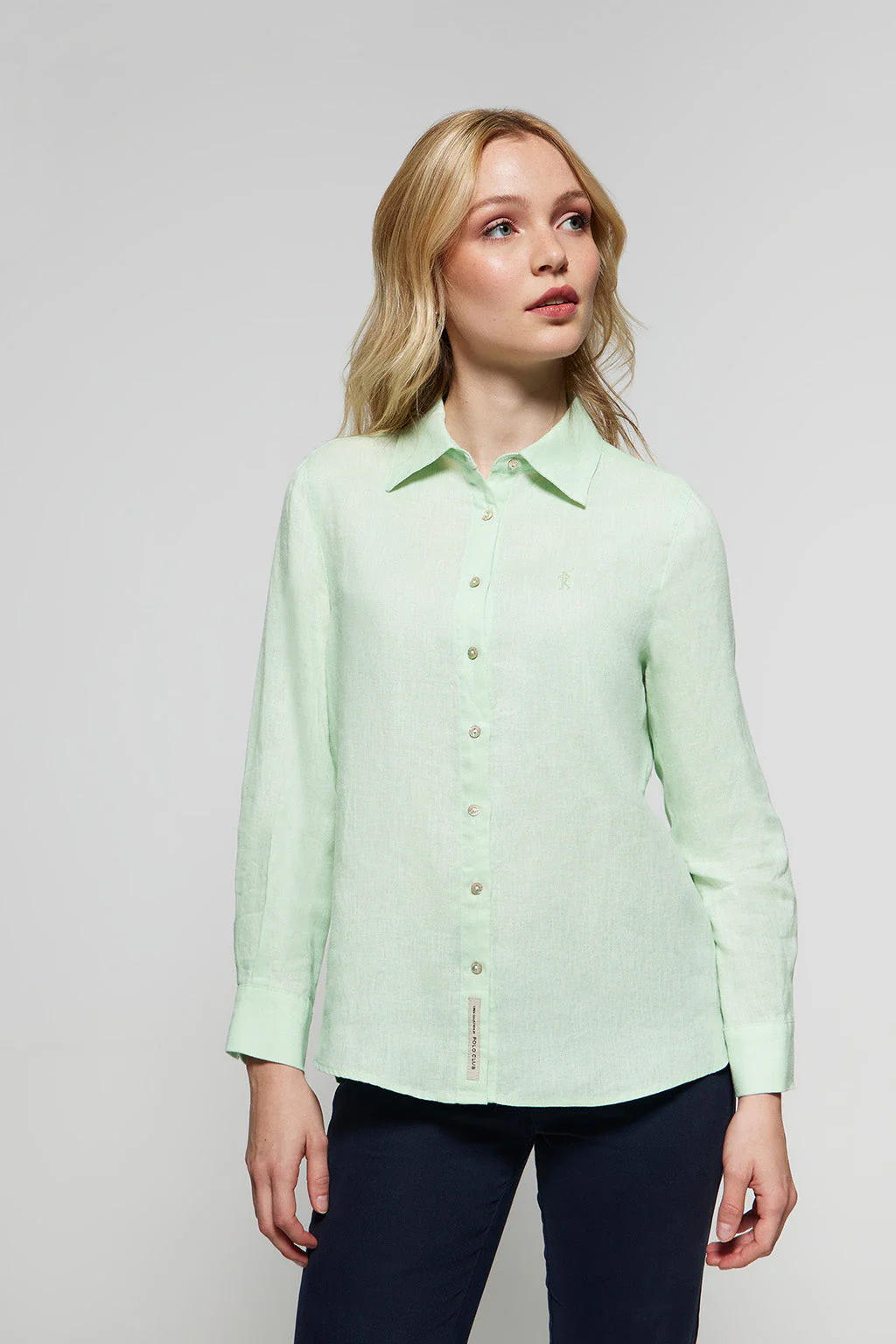 Dusty-green linen shirt with Rigby Go embroidered detail