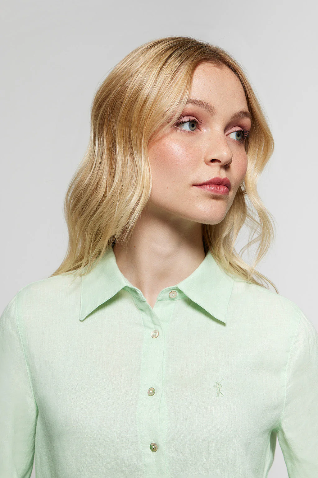 Dusty-green linen shirt with Rigby Go embroidered detail - Image 3