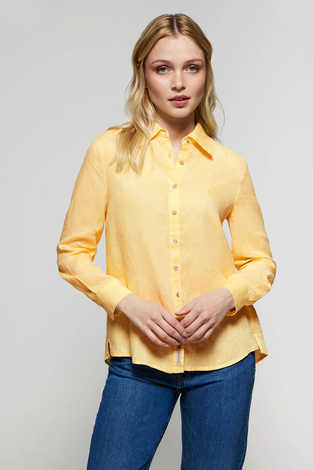 Dusty-yellow linen shirt with Rigby Go embroidered detail - Image 3