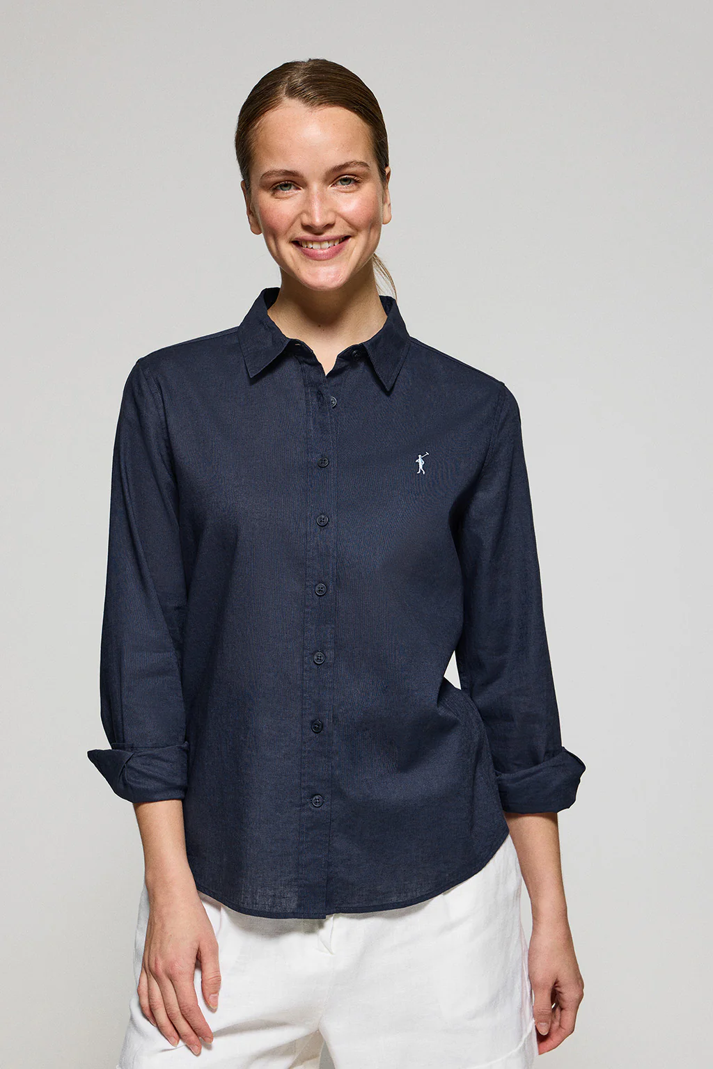 Navy-blue regular-fit shirt in linen and cotton with Rigby Go embroidery