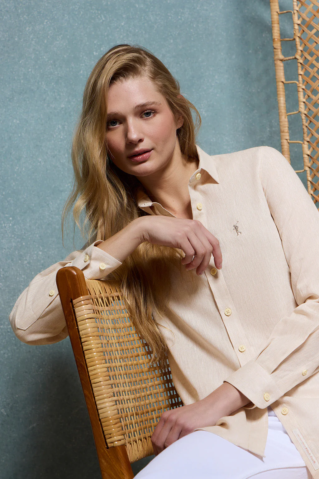 Beige linen and cotton shirt with Rigby Go embroidery