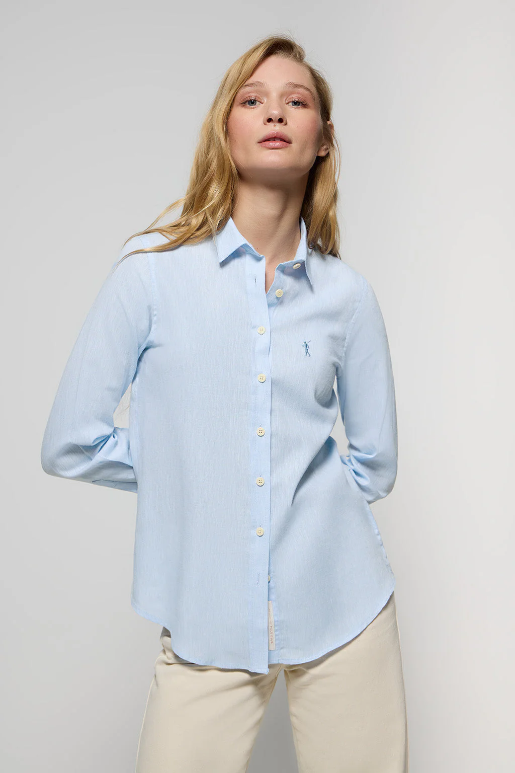 Sky-blue linen and cotton shirt with Rigby Go embroidery