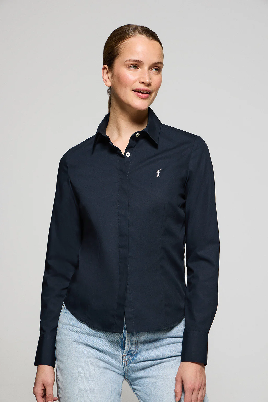 Navy-blue slim-fit poplin shirt with Rigby Go embroidered logo