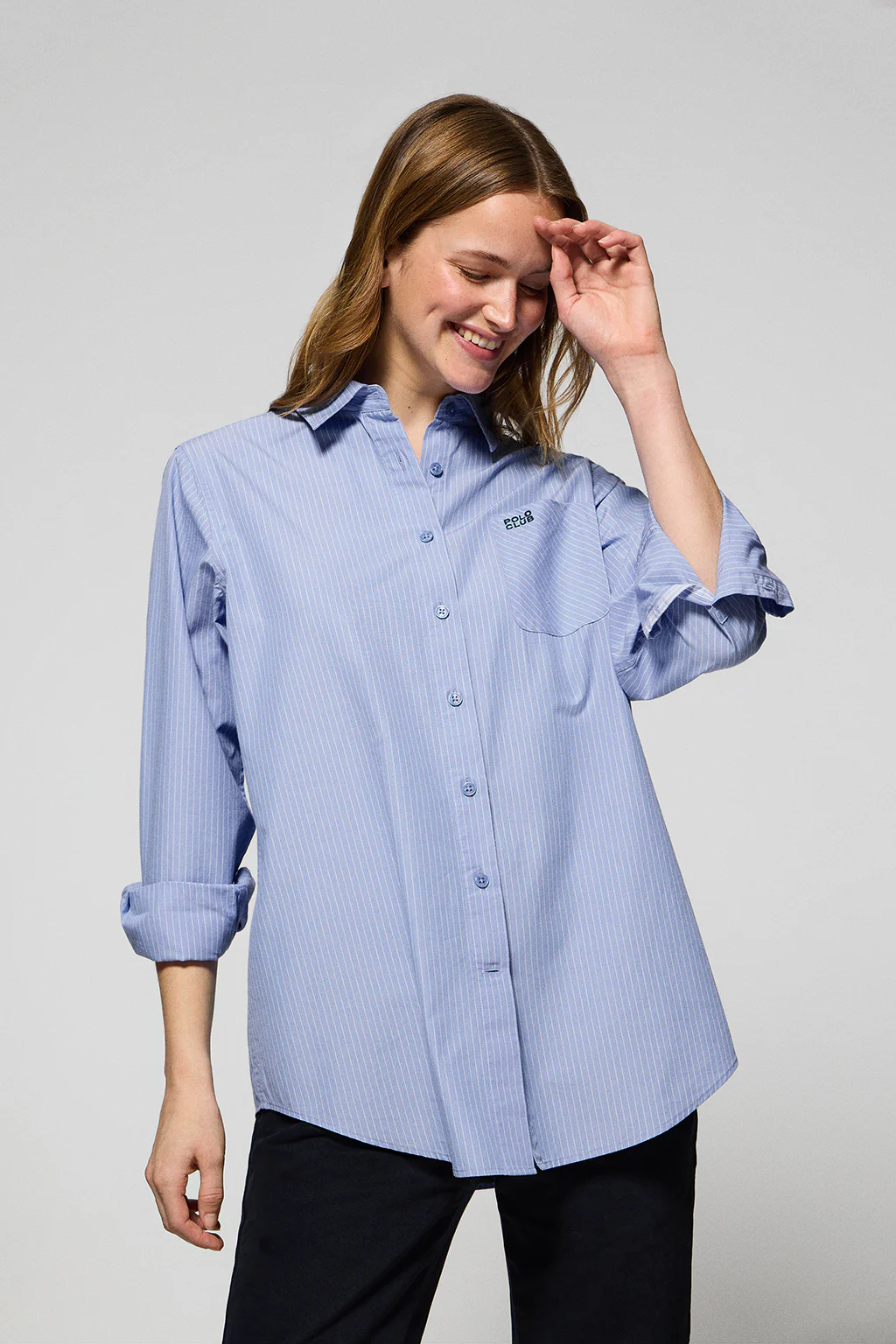 Blue striped cotton shirt Samanta with embroidered logo