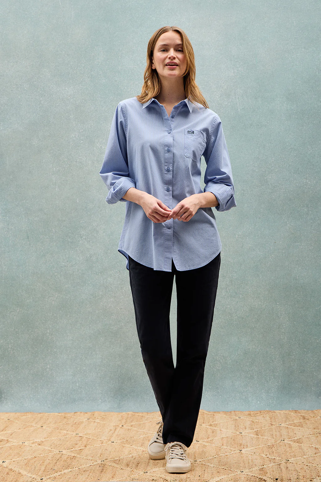 Blue striped cotton shirt Samanta with embroidered logo - Image 10