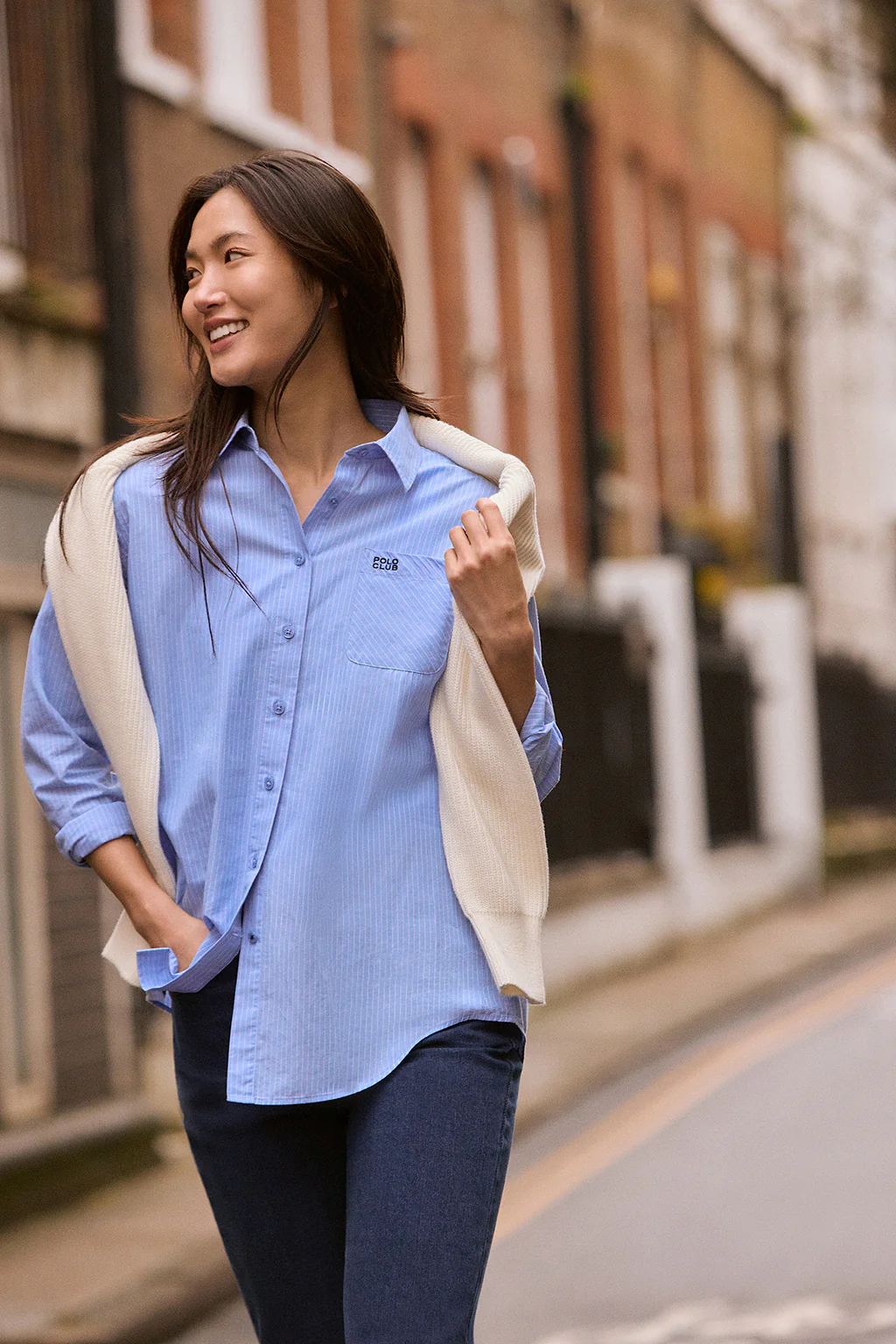 Blue striped cotton shirt Samanta with embroidered logo - Image 11