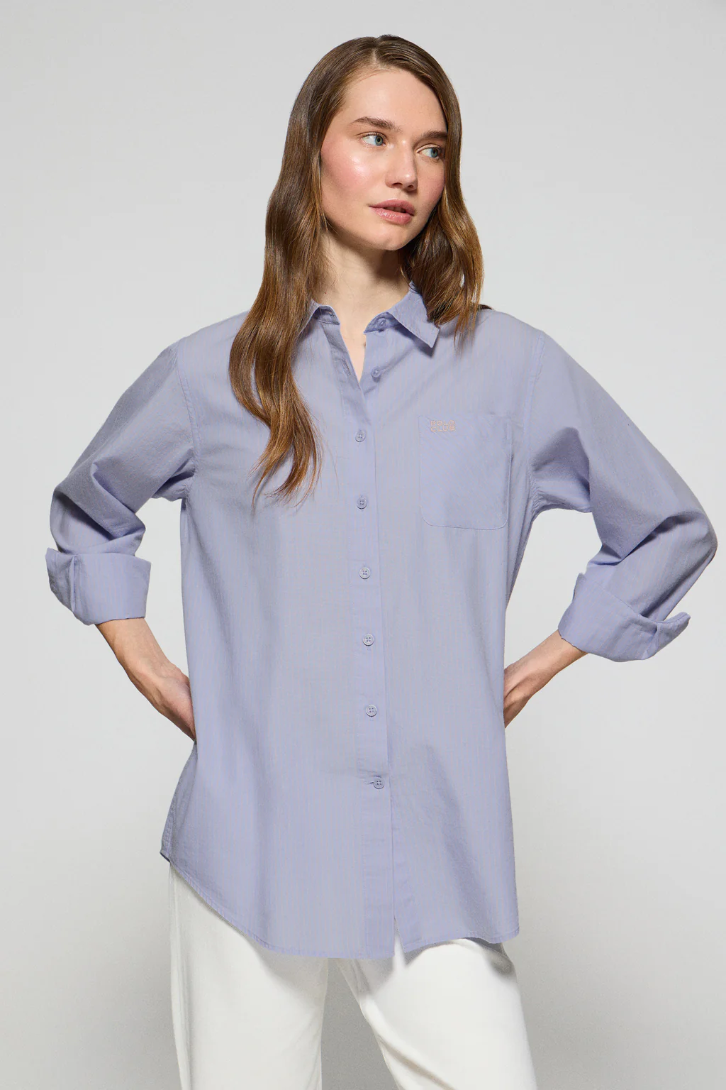 Light-blue striped cotton shirt Samanta with embroidered logo