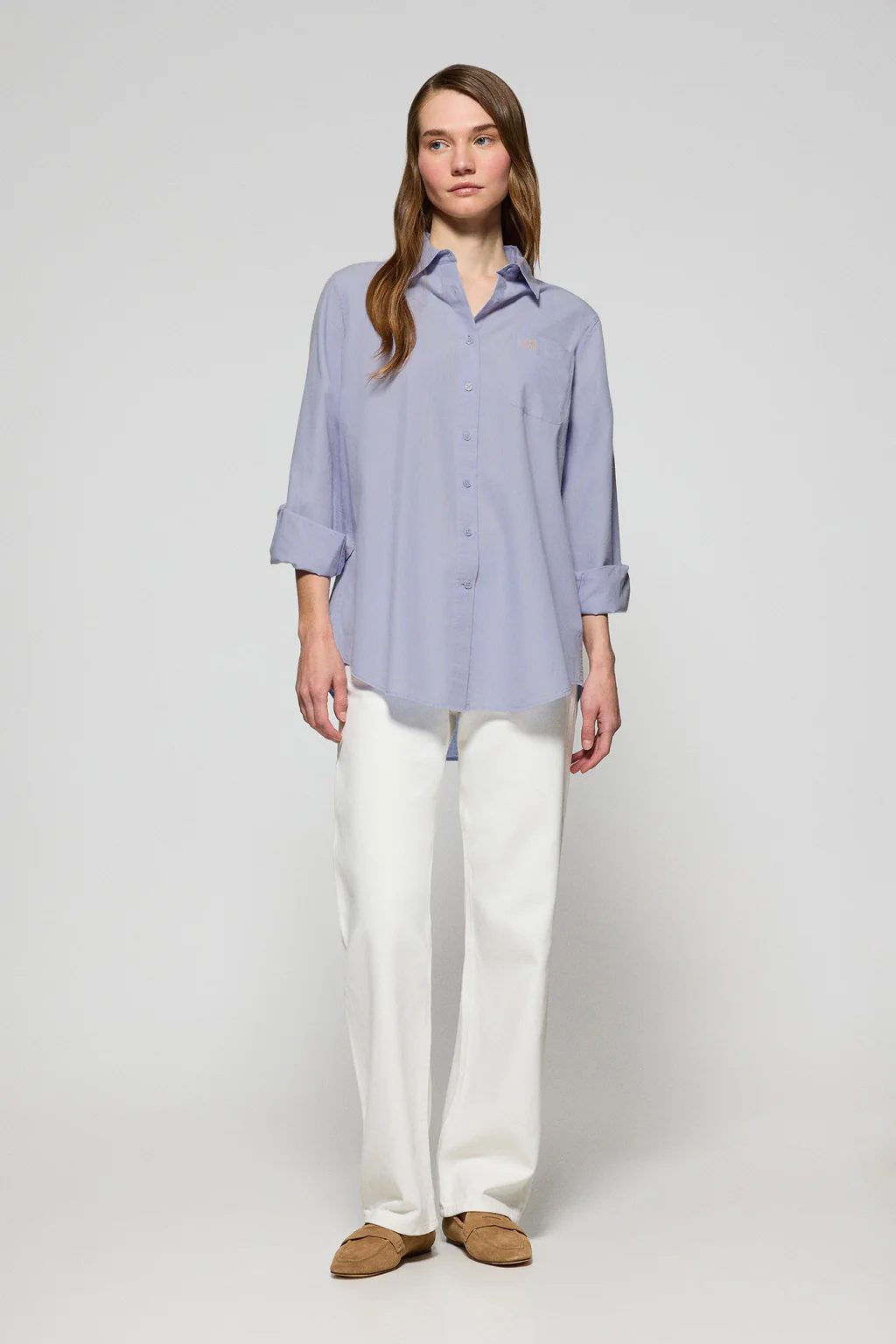 Light-blue striped cotton shirt Samanta with embroidered logo - Image 4