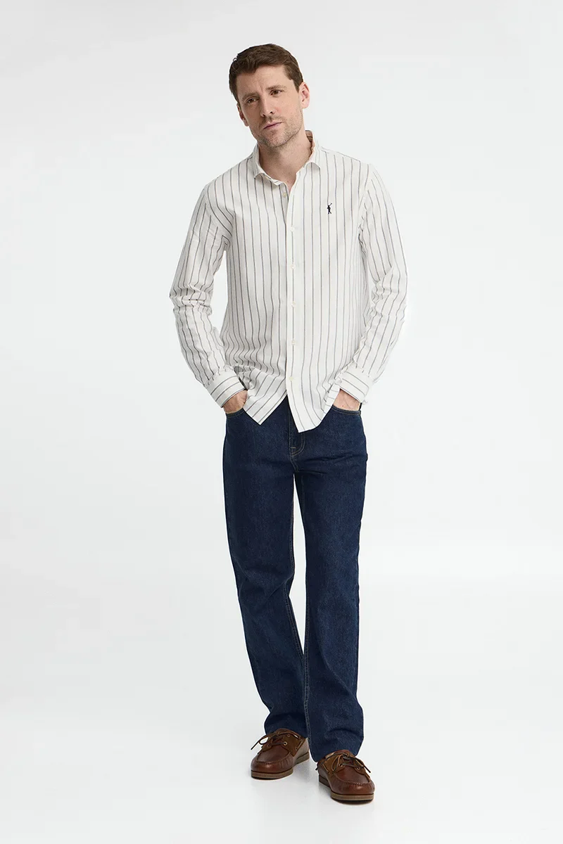 Striped regular-fit shirt in nude and navy blue with Itallian collar and Rigby Go embroidery - Image 4