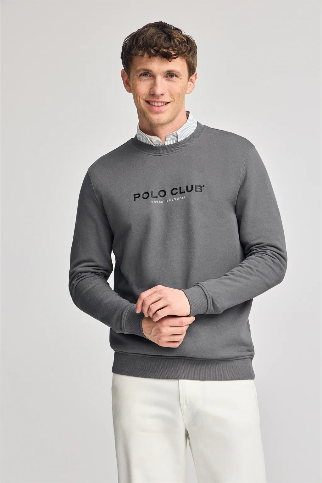 Asphalt-grey round-neck regular sweatshirt with rubber print