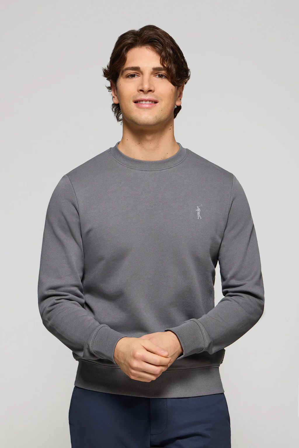 Asphalt-grey round-neck relaxed sweatshirt with Rigby Go rubberised logo