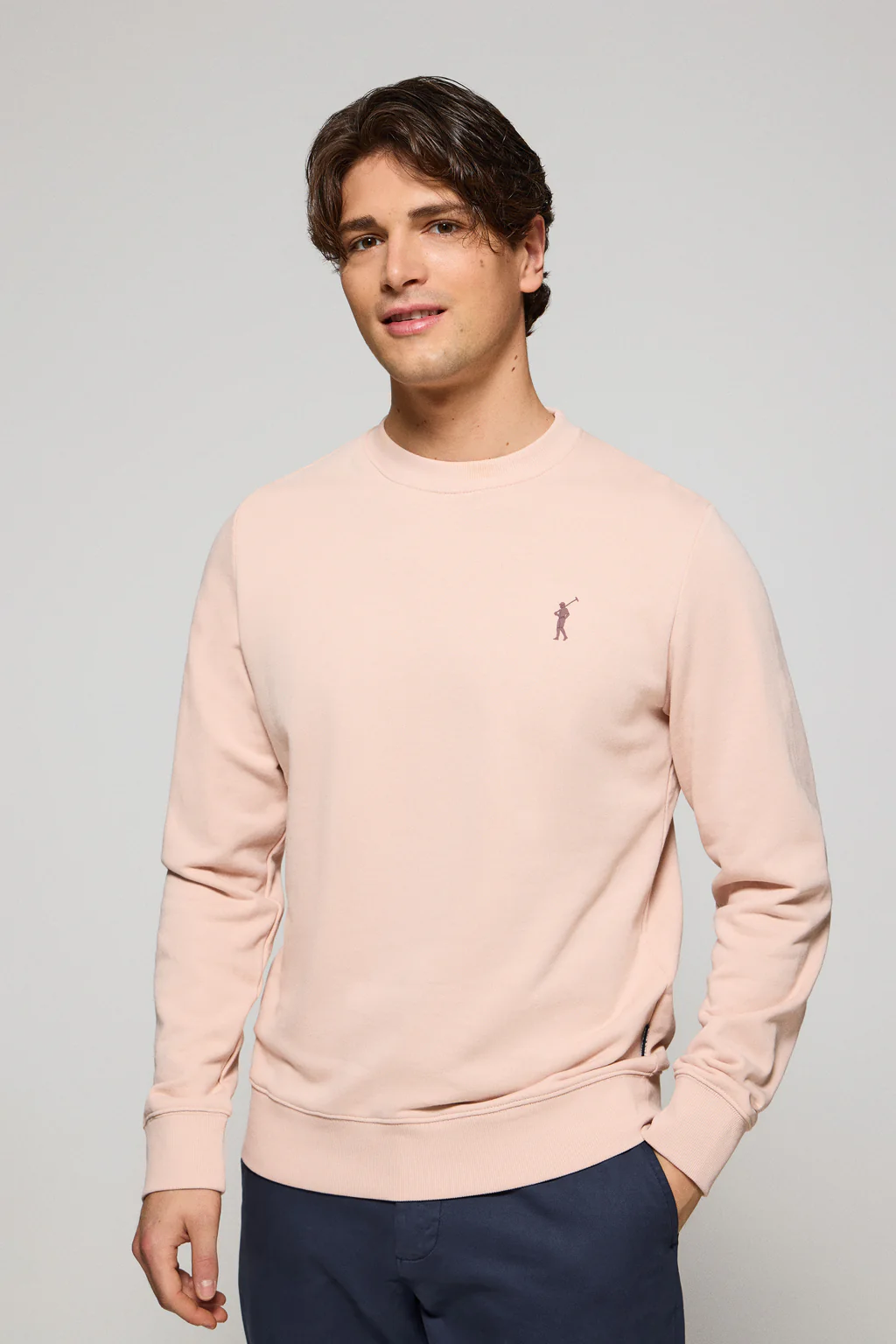 Blush-pink round-neck relaxed sweatshirt with Rigby Go rubberised logo