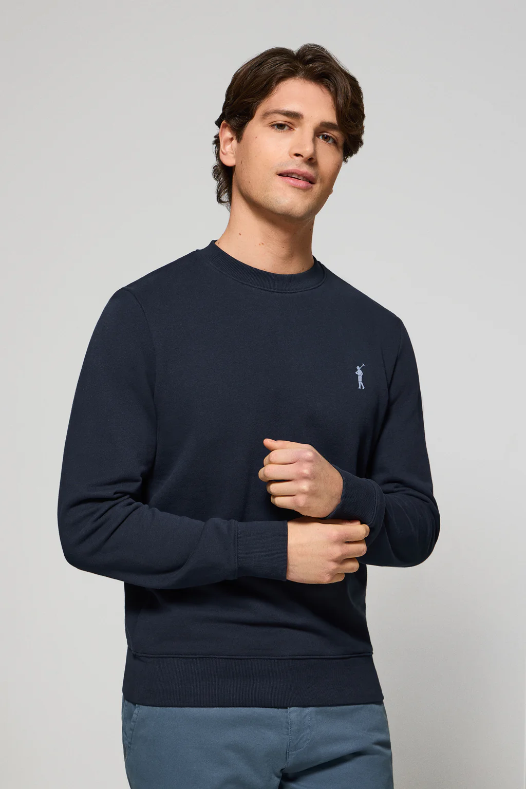Navy-blue round-neck relaxed sweatshirt with Rigby Go rubberised logo